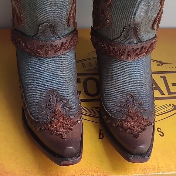 Corral Ladies Denim Bristle Embroidery & Studs Tall Western Boots - Picture 7 of 10